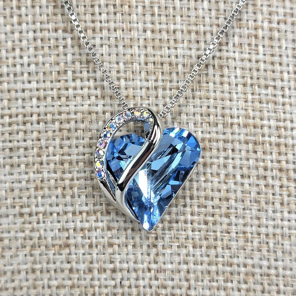 18KRGP Blue Crystal Heart & AB CZ Necklace NWT